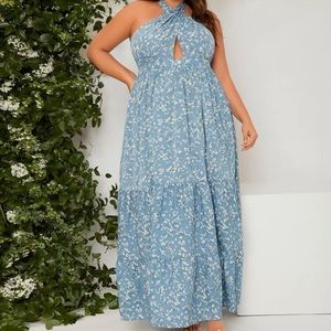 SHEIN Plus Ditsy Floral Backless Ruffle Hem Halter Dress